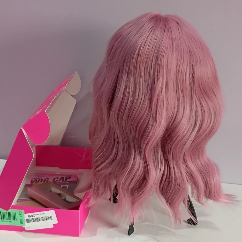 Pastel Pink‎ Bob Wig 12” Wavy with Air Bangs • Short Curly Synthetic Wig • New